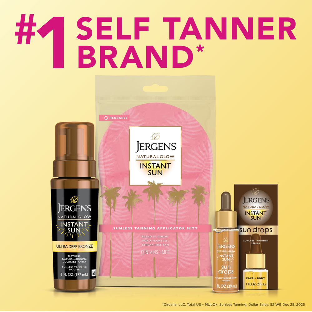 Jergens instant sun with tanning mitt staged for smoother, professional finish