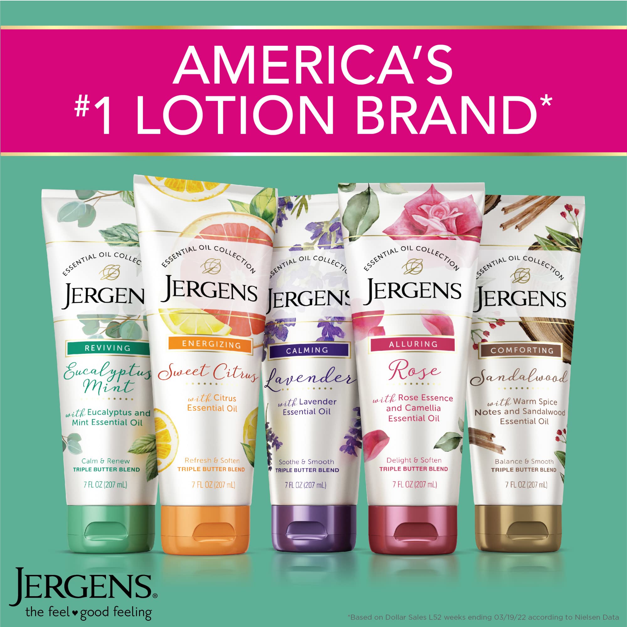 Jergens bottle next to a ruler showing 7 fl oz scale and portability benefit