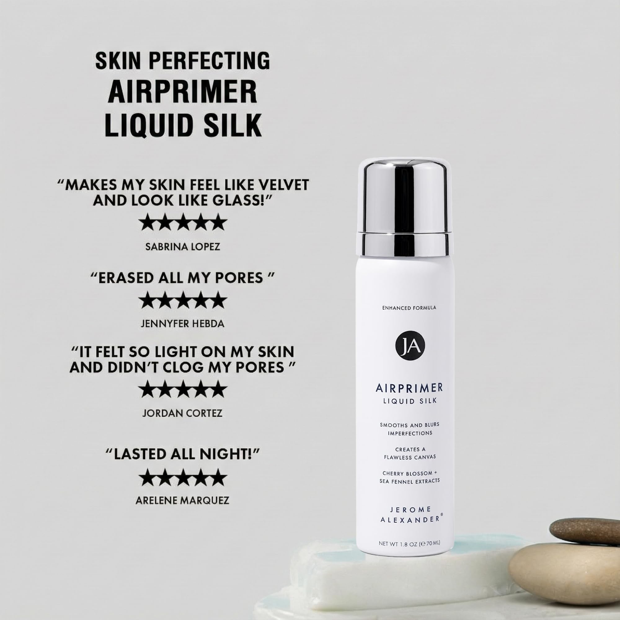 Jerome Alexander bottle by mirror in lifestyle setting for effortless routine benefit