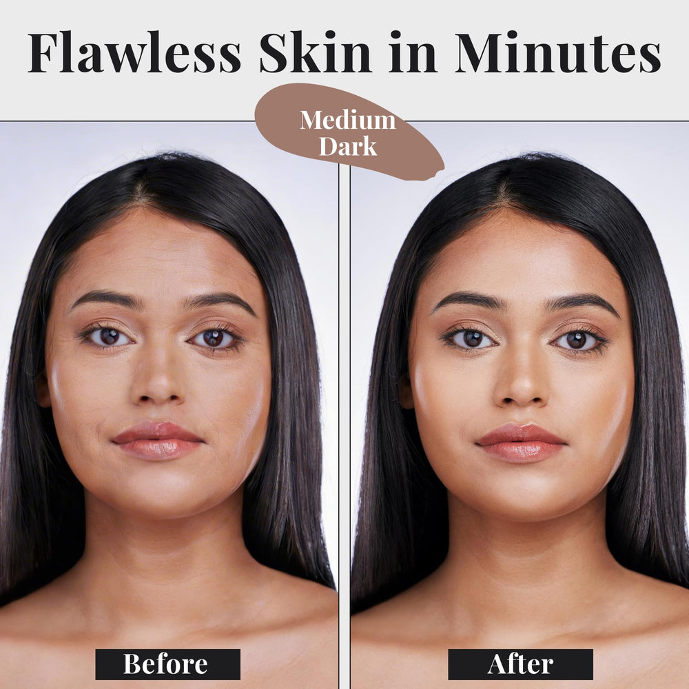 Jerome Alexander foundation being applied on skin with brush, delivers even coverage