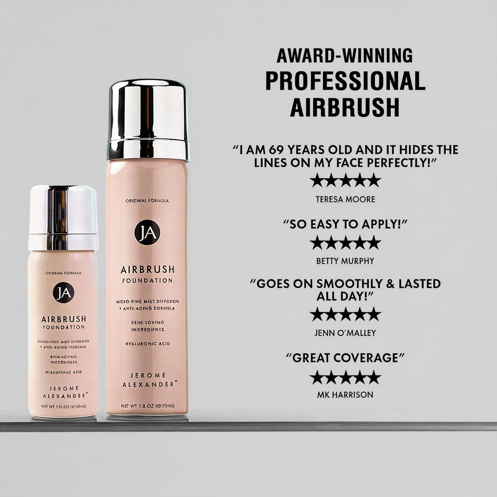 Jerome Alexander product flatlay with bottle and brush highlighting travel-ready benefit