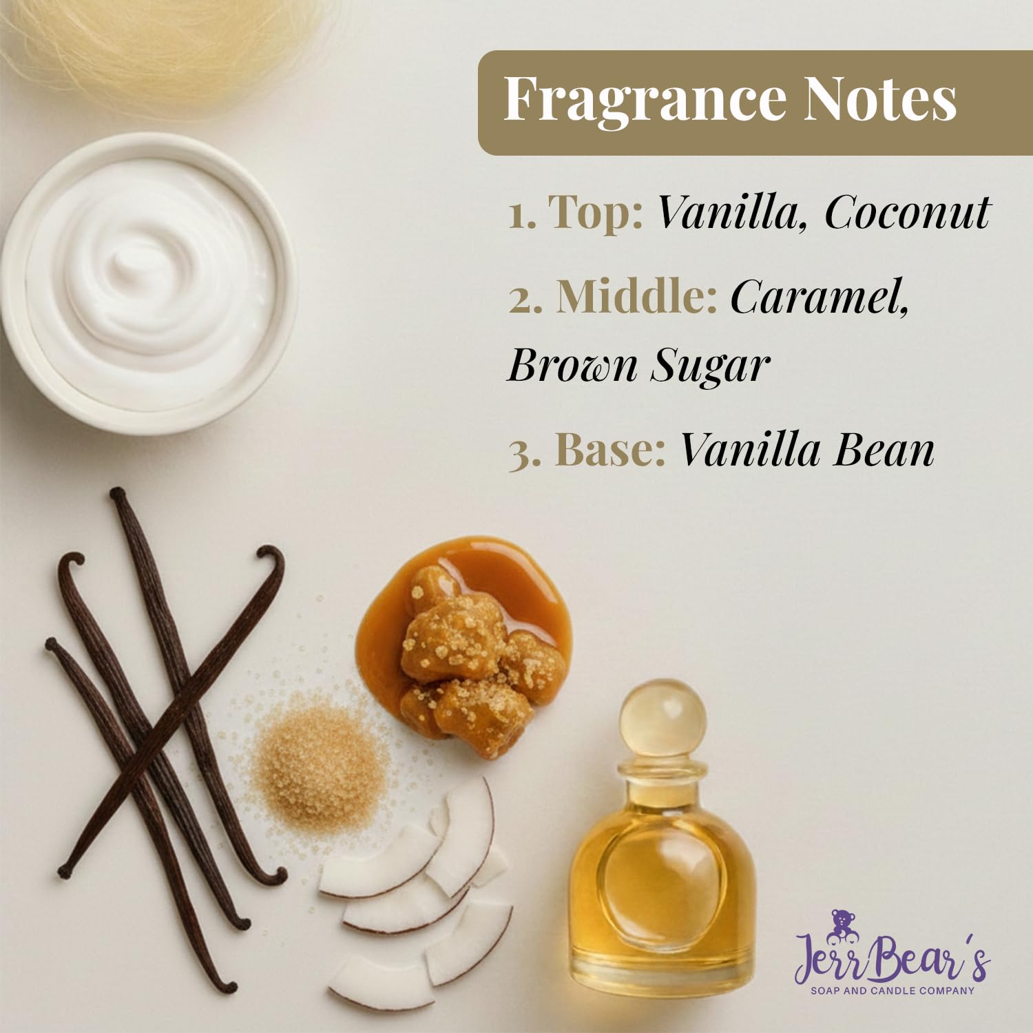 JerrBear’s label detail highlighting Creamy Vanilla & Coconut scent and ingredients
