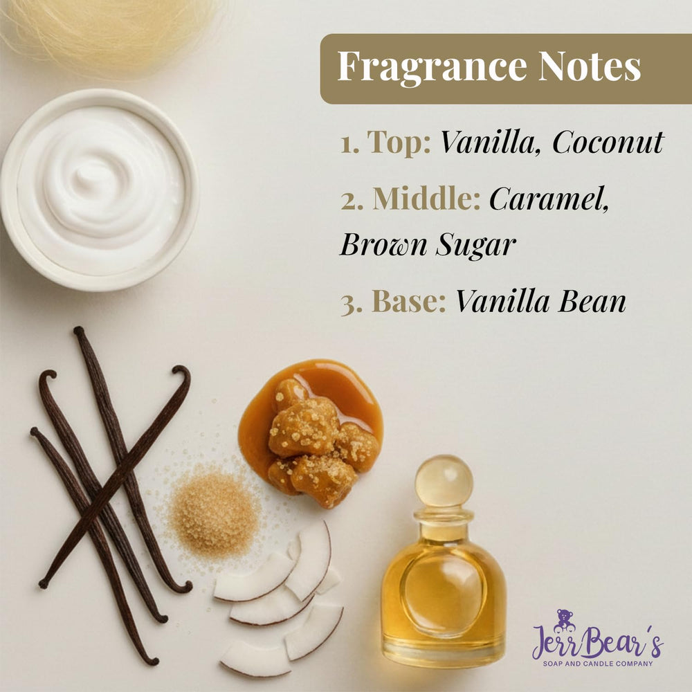 JerrBear’s label detail highlighting Creamy Vanilla & Coconut scent and ingredients