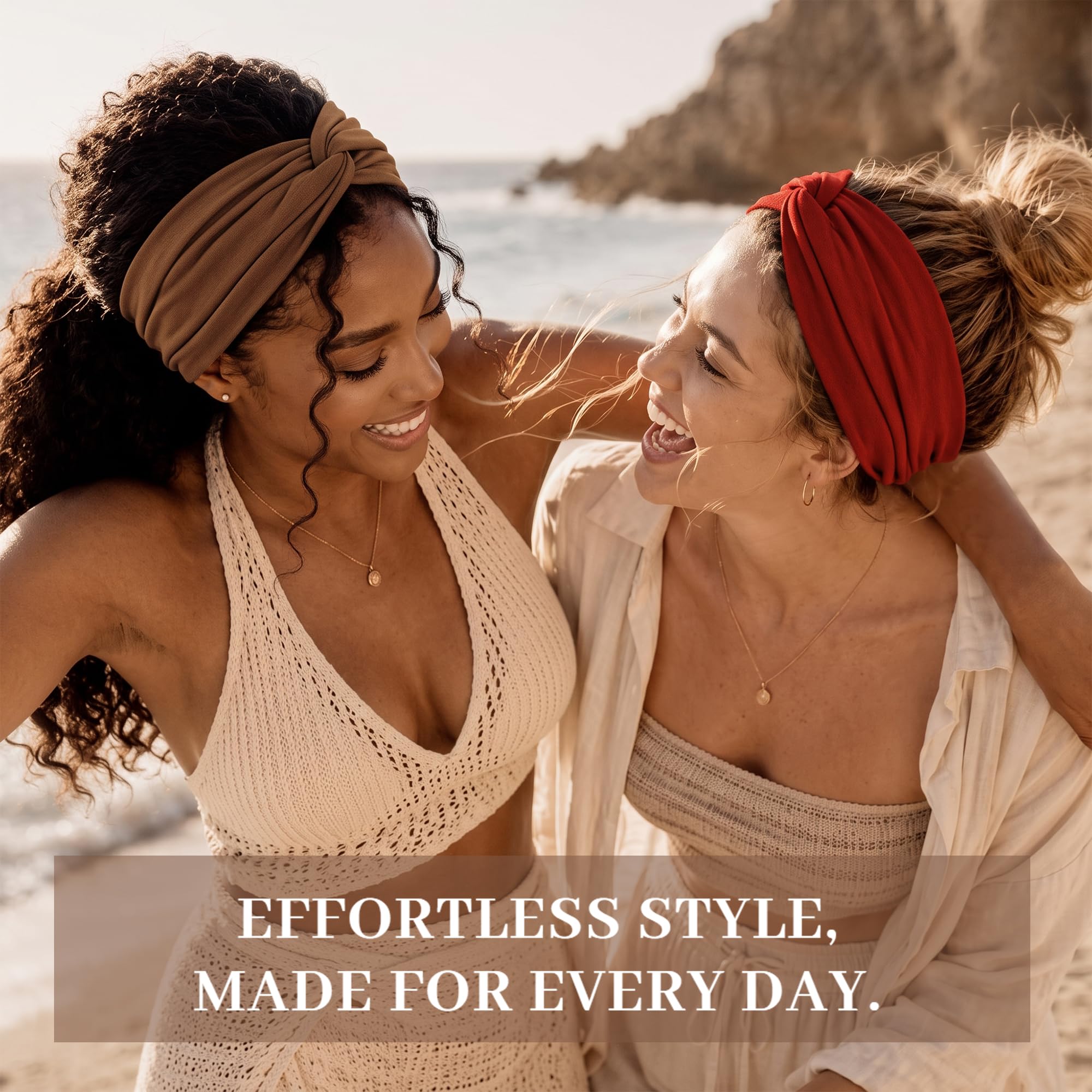 Jesries model at beach wearing headband showing sun-ready comfort and style