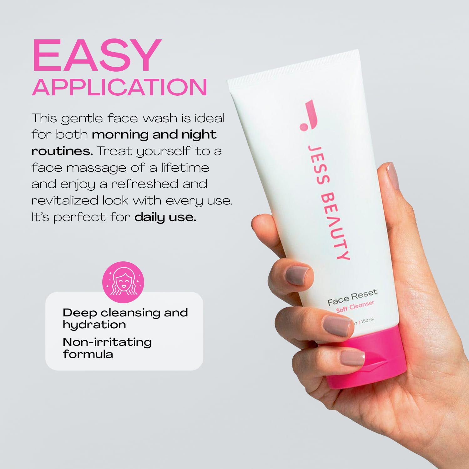 JESS BEAUTY cleanser on sink in bathroom routine showing daily use benefit
