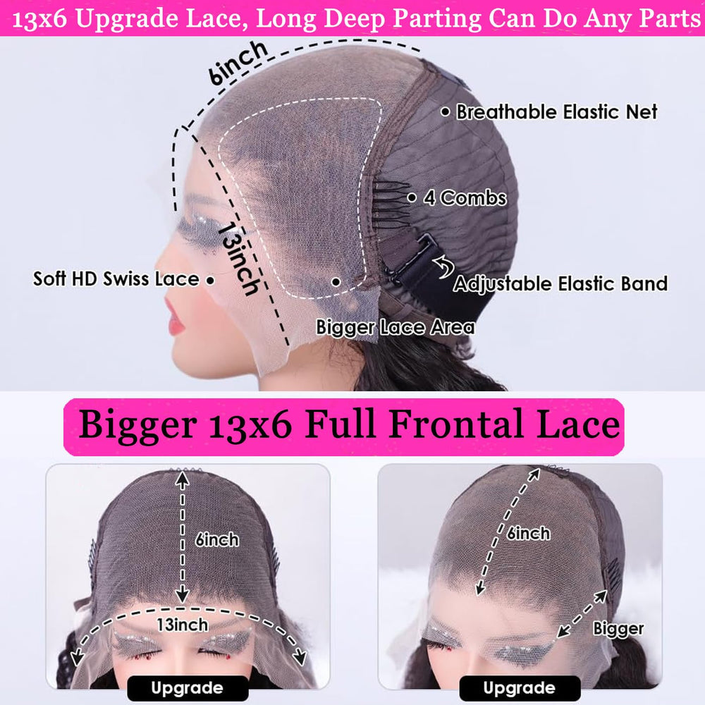 JFOOHD model wearing 34-inch wig illustrating true length and scale
