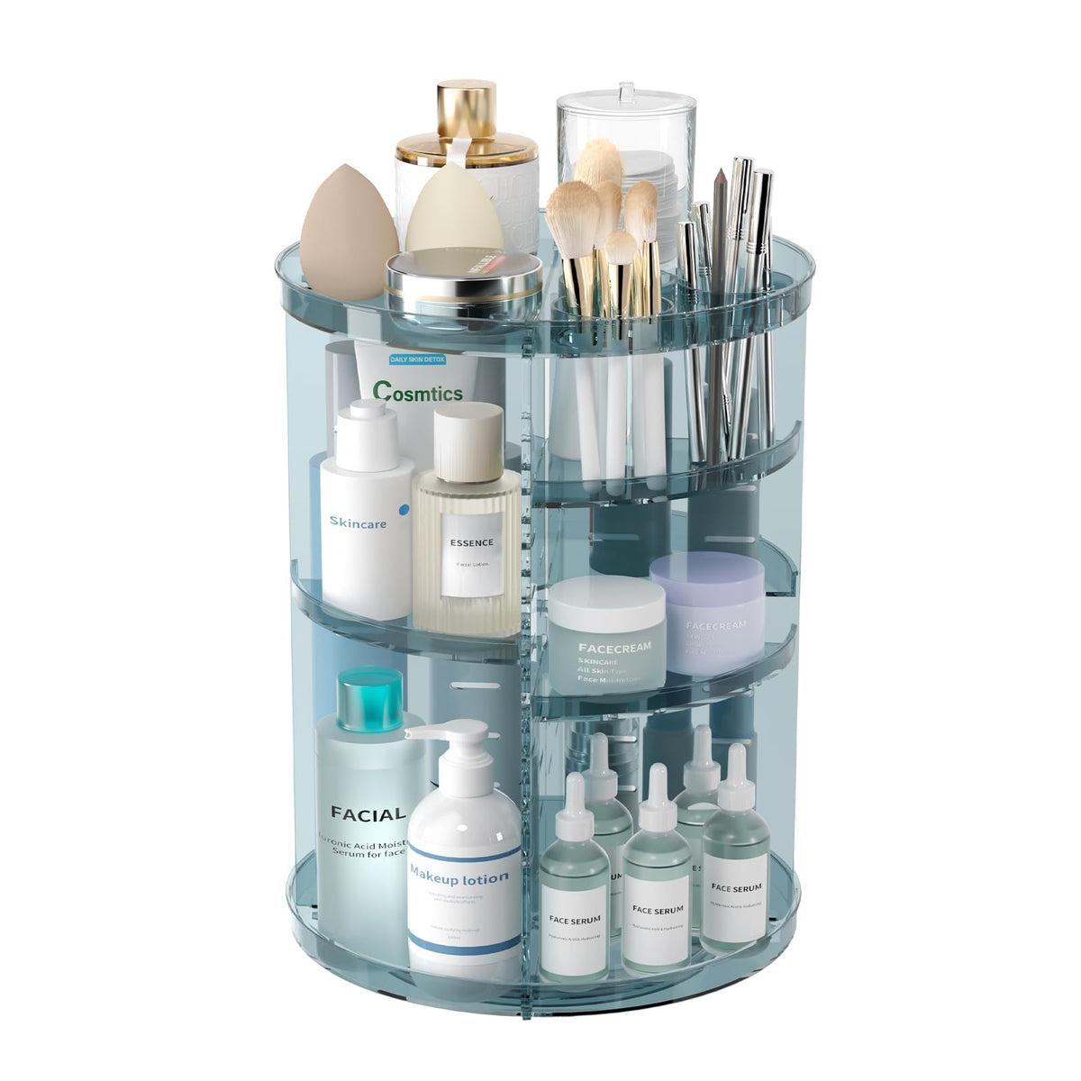 Jiavarry front view showing clear blue organizer keeping cosmetics visible and tidy