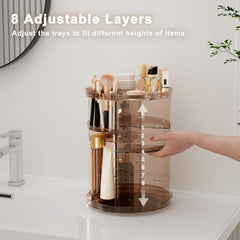 Jiavarry on a vanity with cosmetics arranged for fast selection