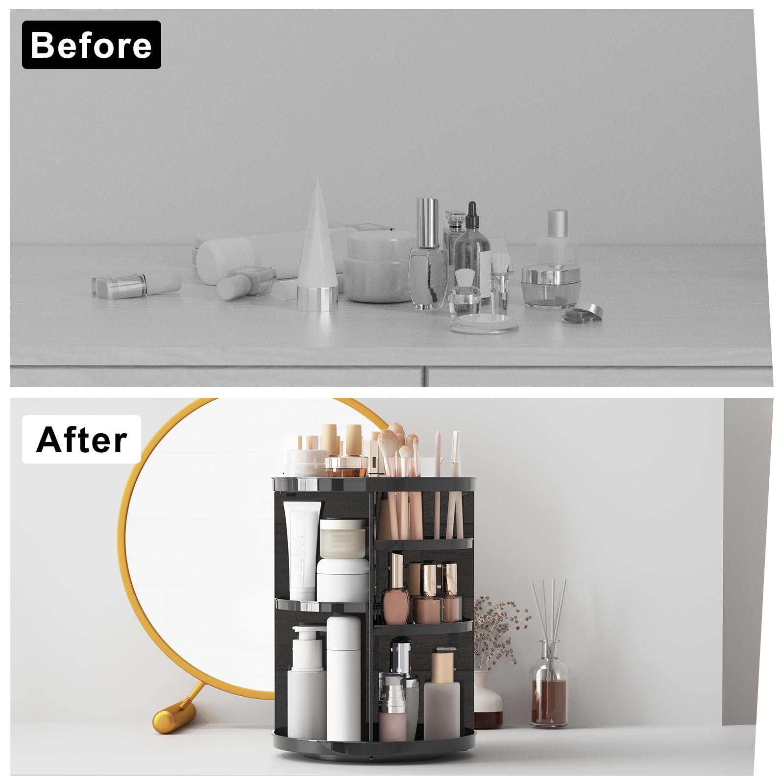 Jiavarry on vanity storing skincare and makeup for quick reach