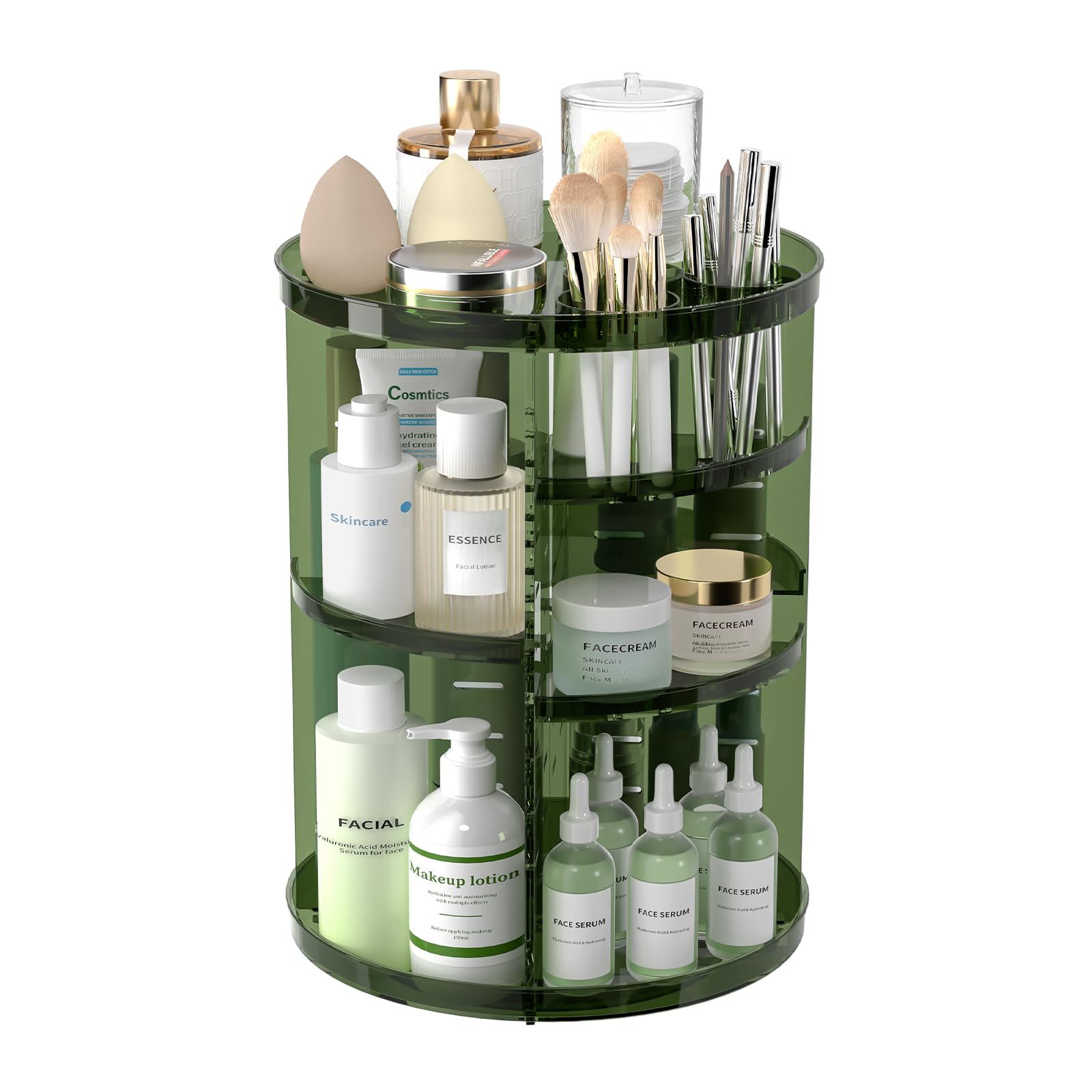 Jiavarry front view showing clear green organizer and organized cosmetics for quick access