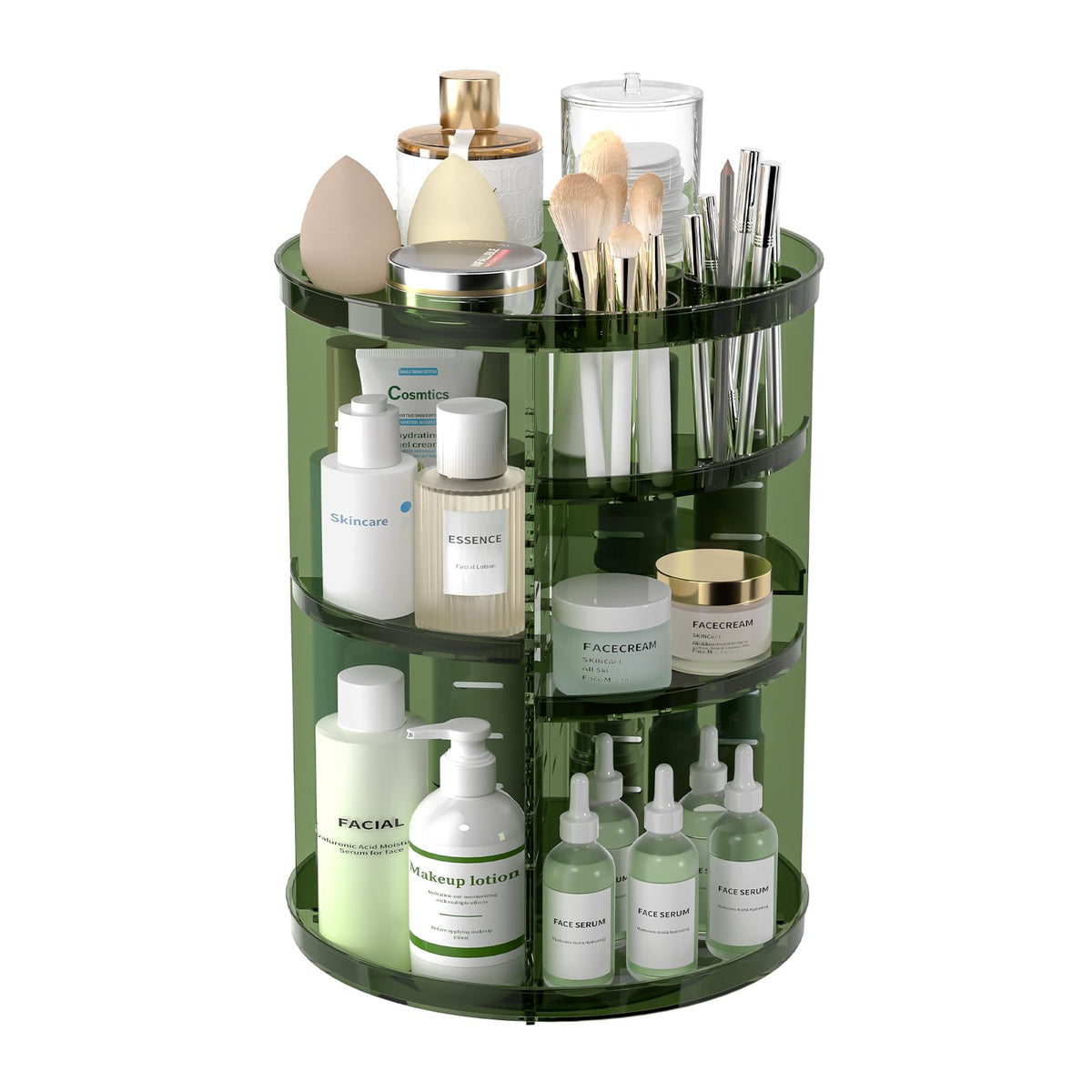 Jiavarry front view showing clear green organizer and organized cosmetics for quick access