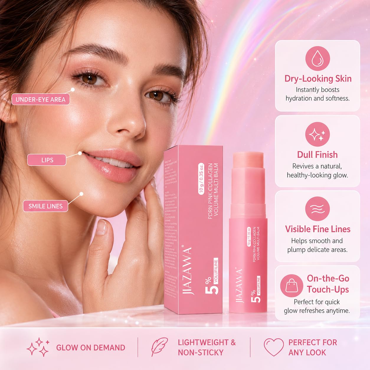 JIAZAWA balm applied to lips showing plumper look and glossy finish benefit