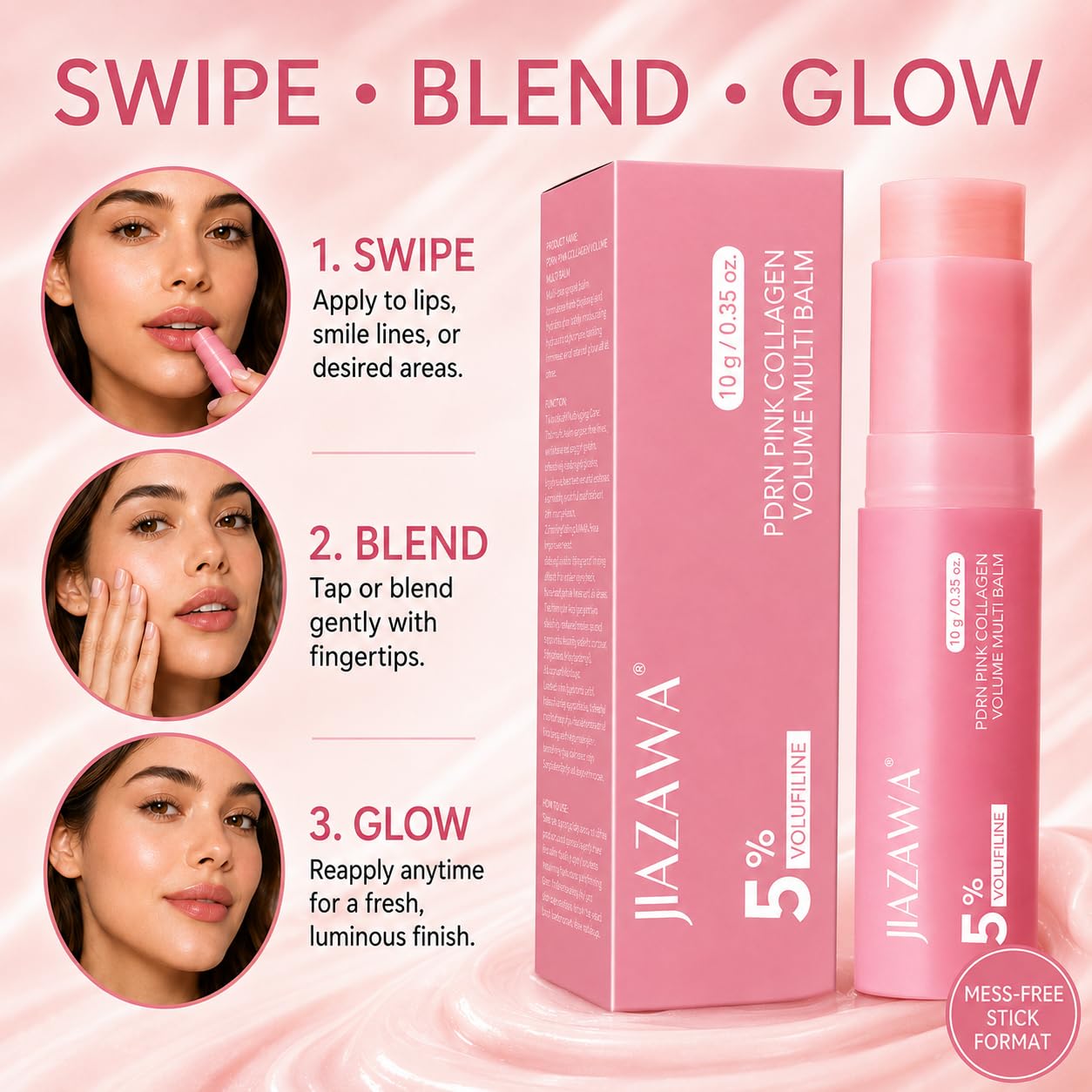 JIAZAWA balm applied under eye demonstrating targeted smoothing and quick touch-up benefit