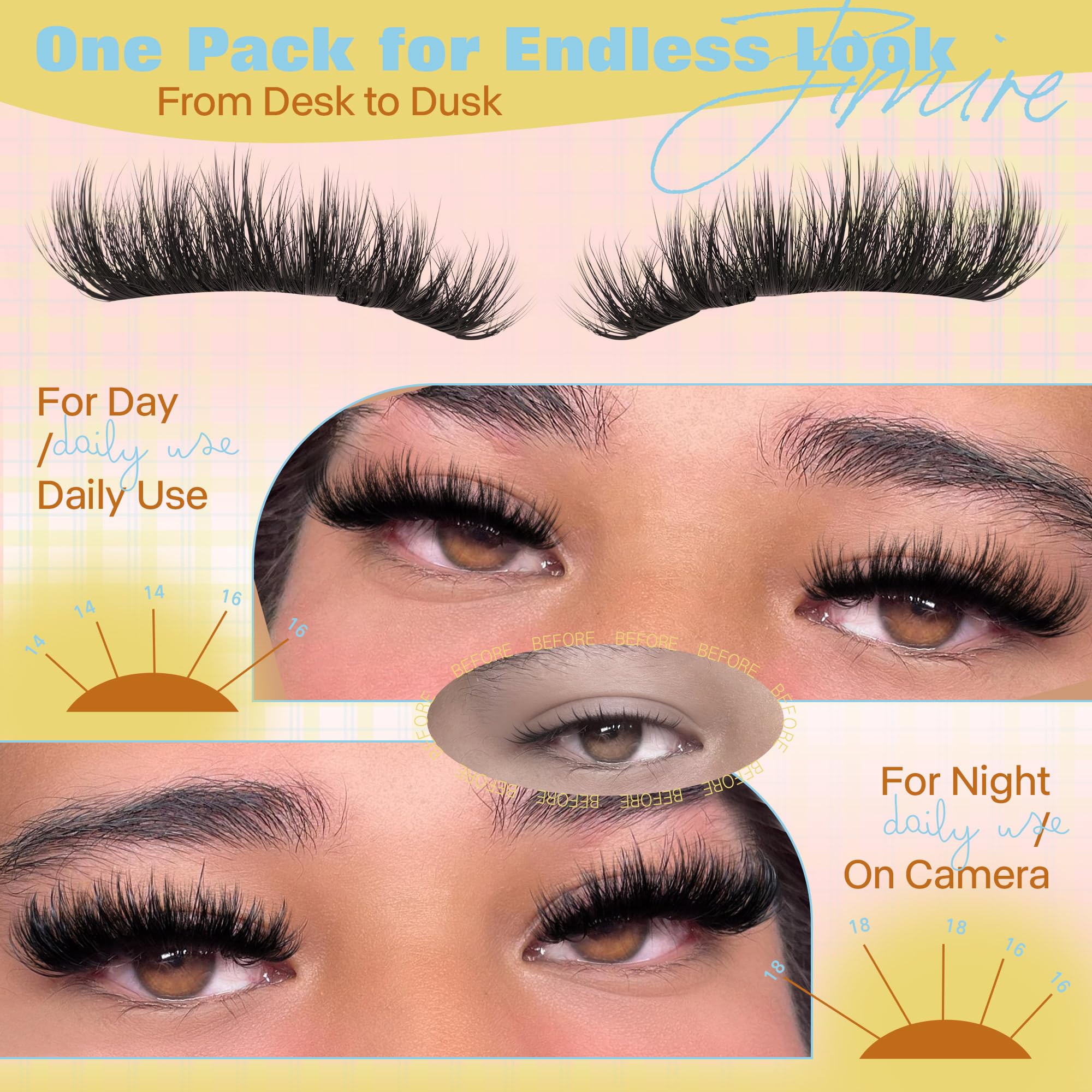 JIMIRE clusters beside natural lashes showing scale and layered effect