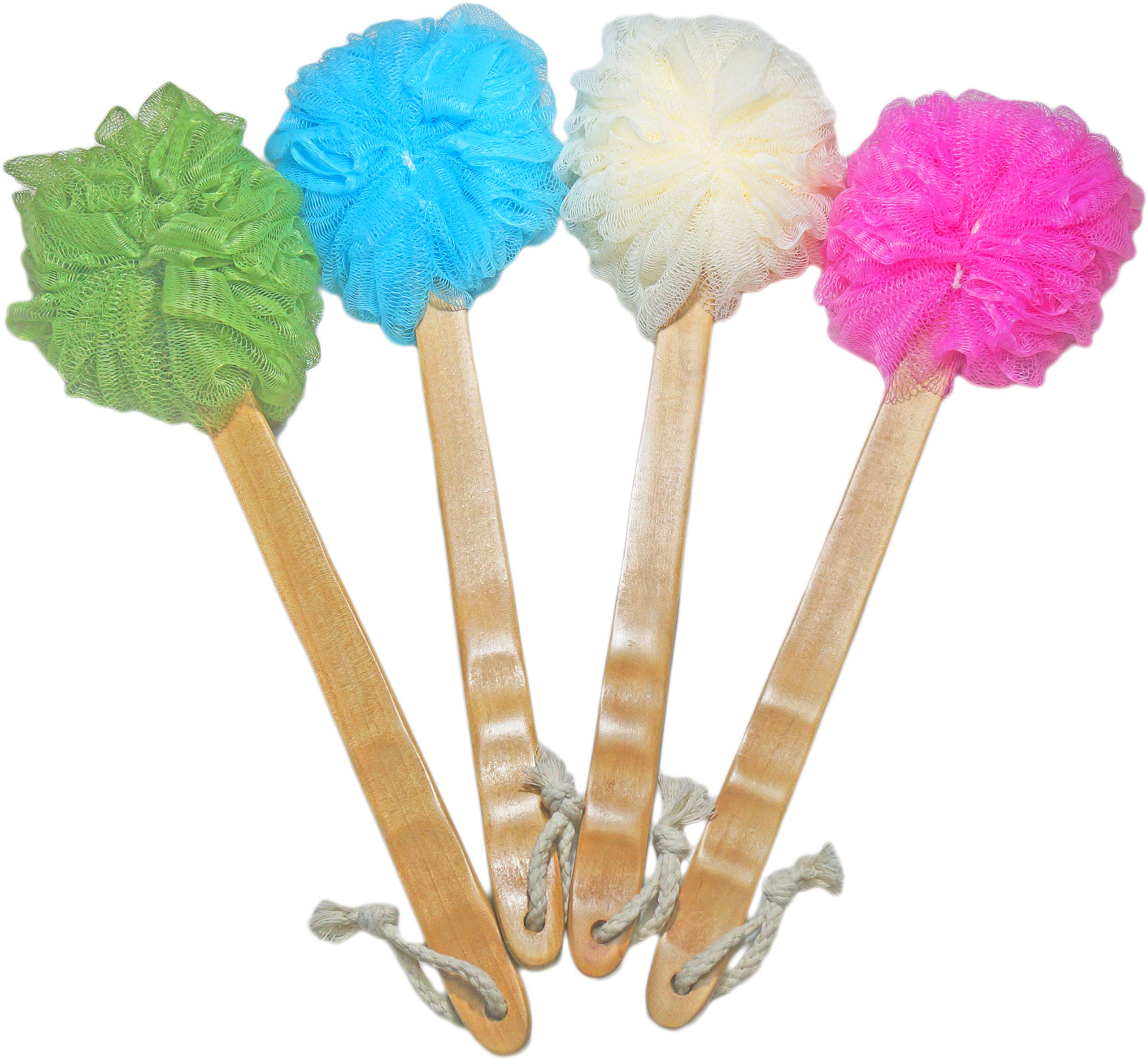 JINS-Hung front packaging showing four-color loofah pack and wooden handles, convenient family set