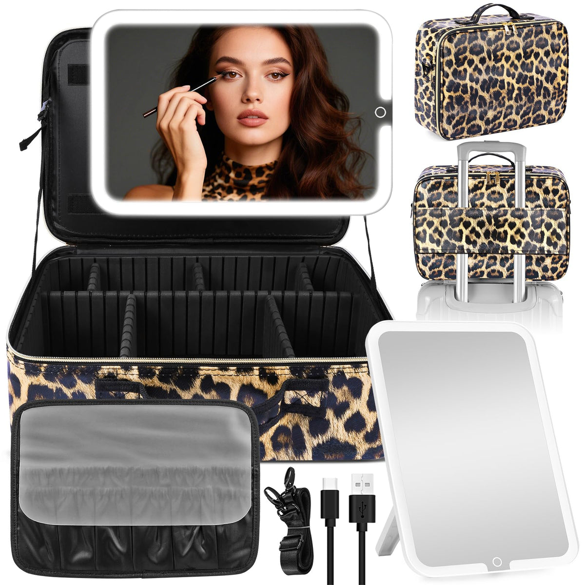 JJhxr front open view showing organized cosmetics and lighted mirror for easy packing