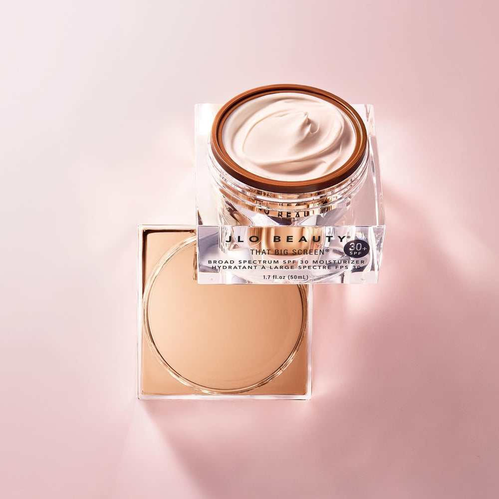 JLO BEAUTY travel-sized jar flatlay showing portability for on-the-go protection