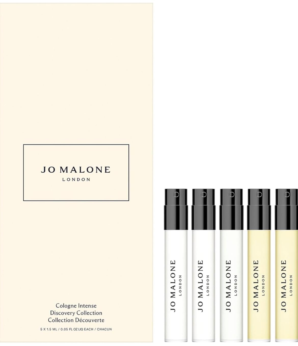 Jo Malone discovery set front packaging showing five 1.5ml Cologne Intense minis for easy sampling and gifting