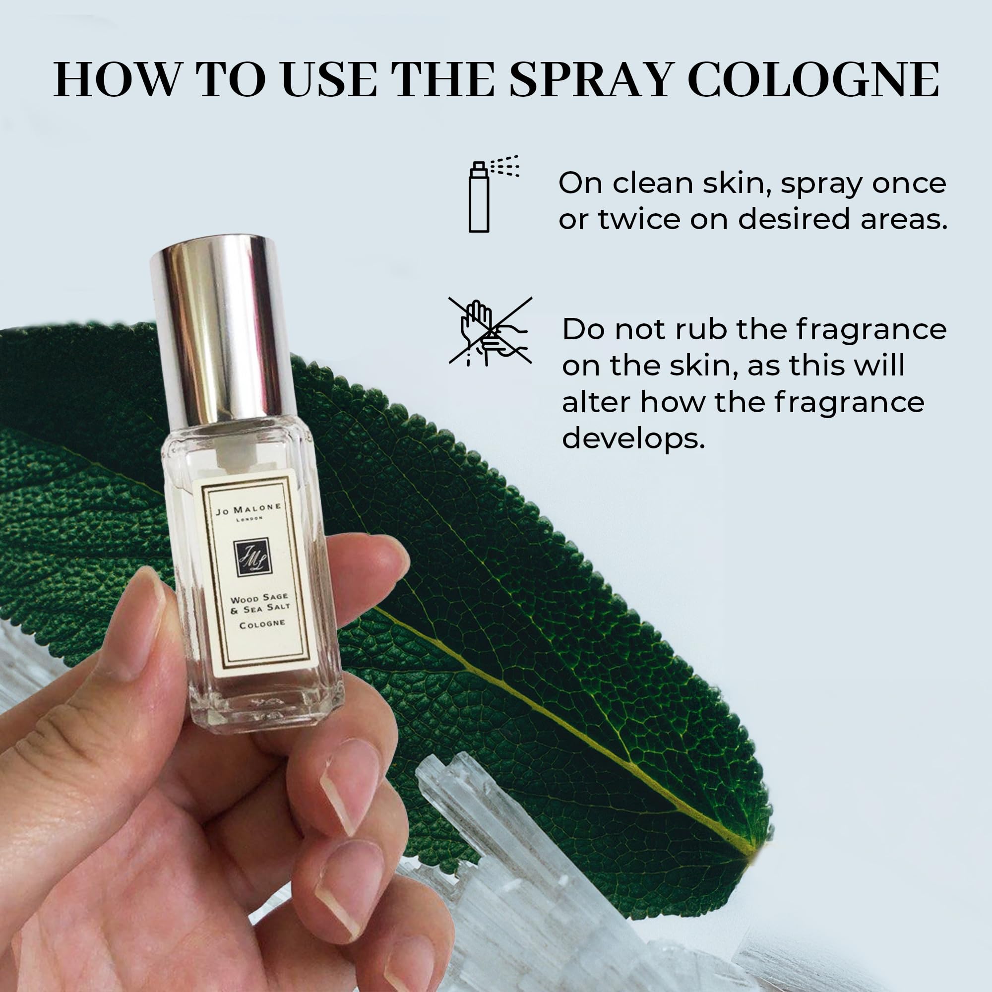 Jo Malone spray action captured mid-mist demonstrating easy application and precise control benefit