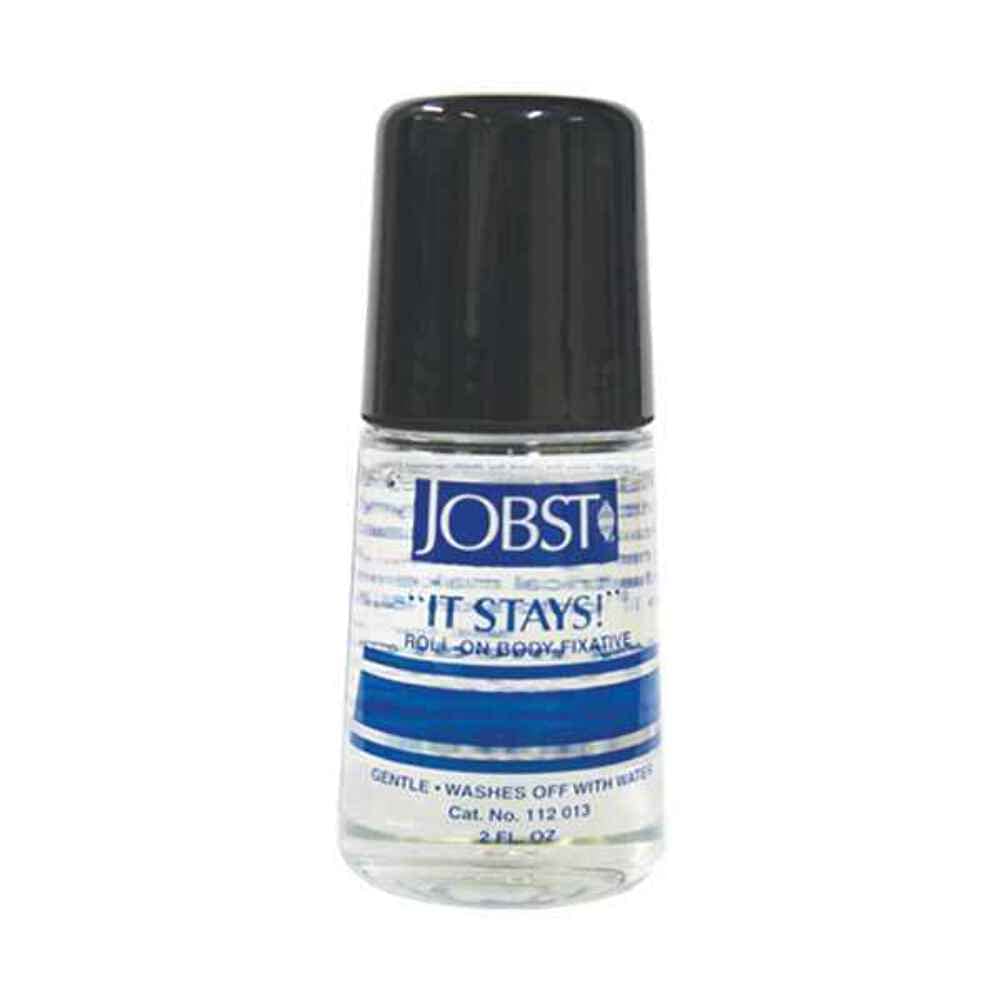 JOBST roll-on front label showing compact bottle and clear adhesive benefit