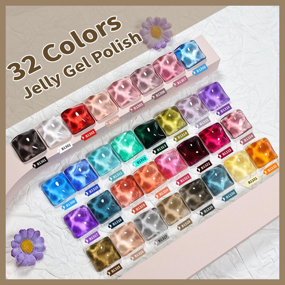 JODSONE color array flat lay displaying 32 jelly shades for easy selection