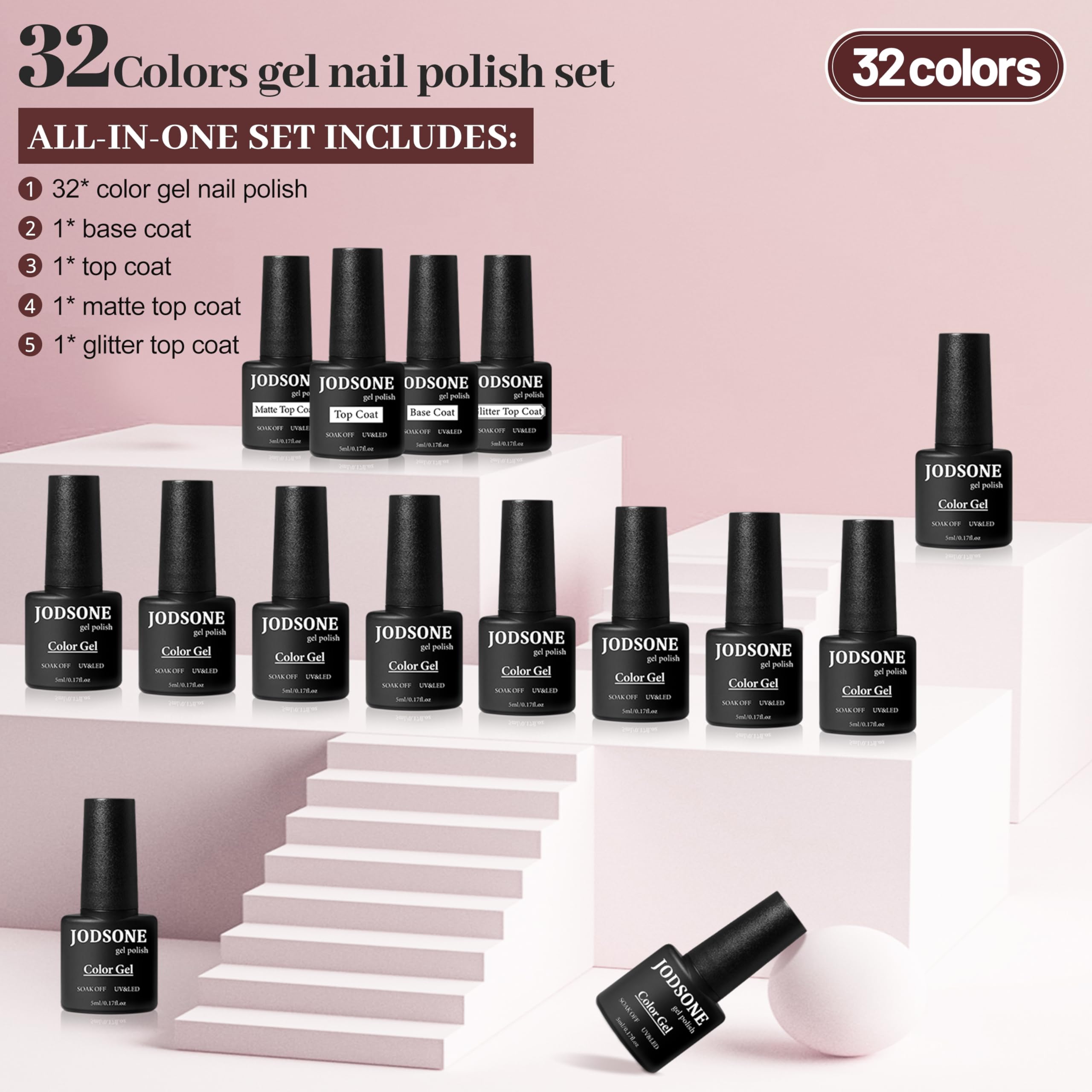JODSONE colorful array of 32 gel polish bottles, wide shade selection benefit