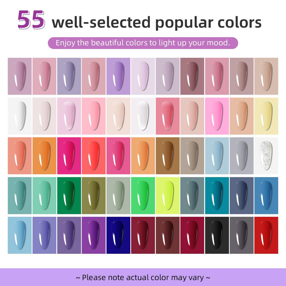 JODSONE 55 gel color swatches spread showing shade variety and easy style matching