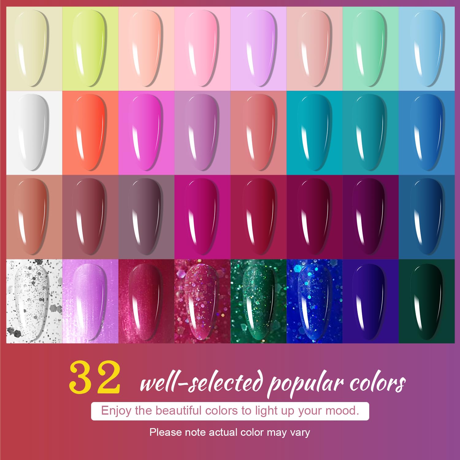 JODSONE color array flatlay displaying 32 shades for versatile looks