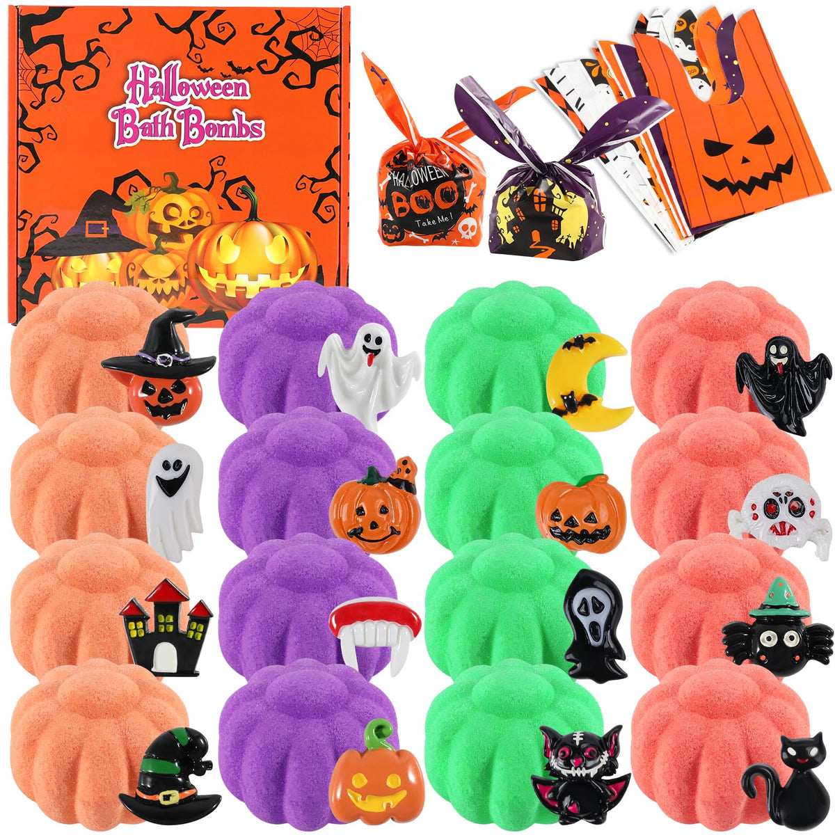 JOFEI front packaging showing 16 pumpkin bath bombs and boxes, easy party prep