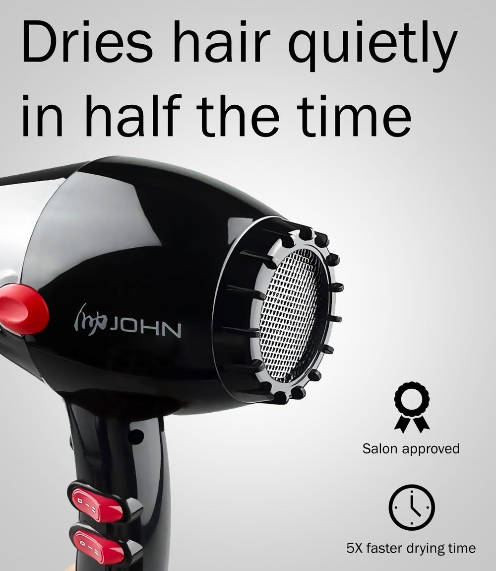 JOHN dryer in use styling long hair demonstrating faster drying and smoother finish