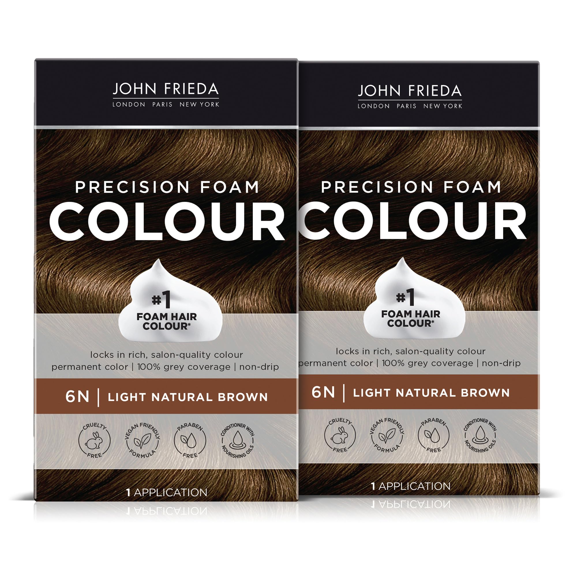 John Frieda front packaging showing 6N Light Natural Brown and benefits