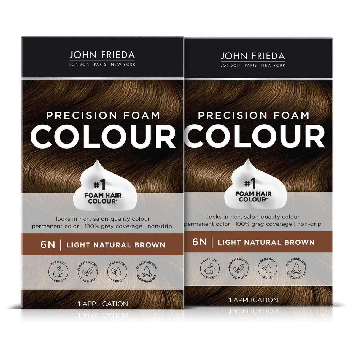John Frieda front packaging showing 6N Light Natural Brown and benefits