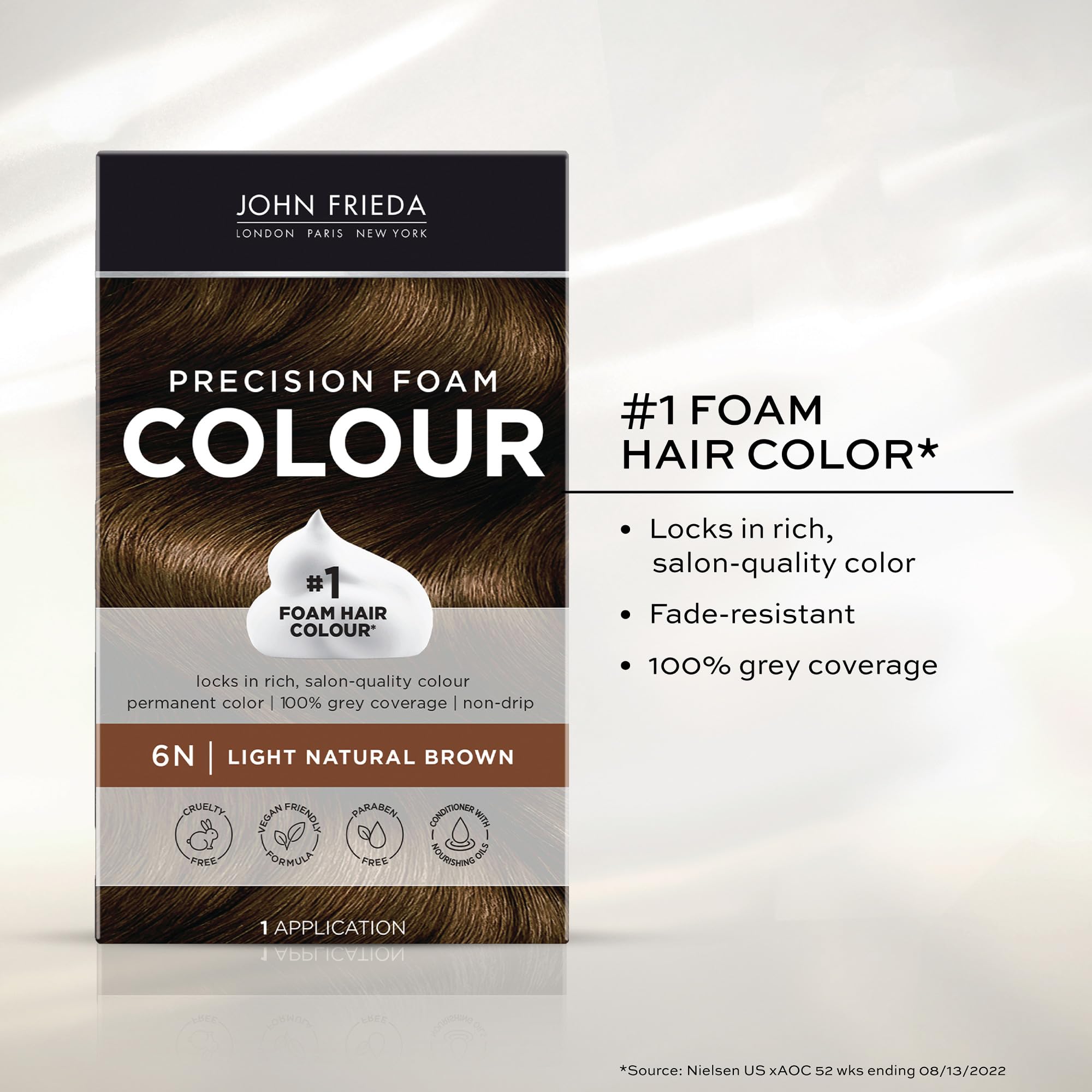 John Frieda product label close-up highlighting paraben-free vegan claim