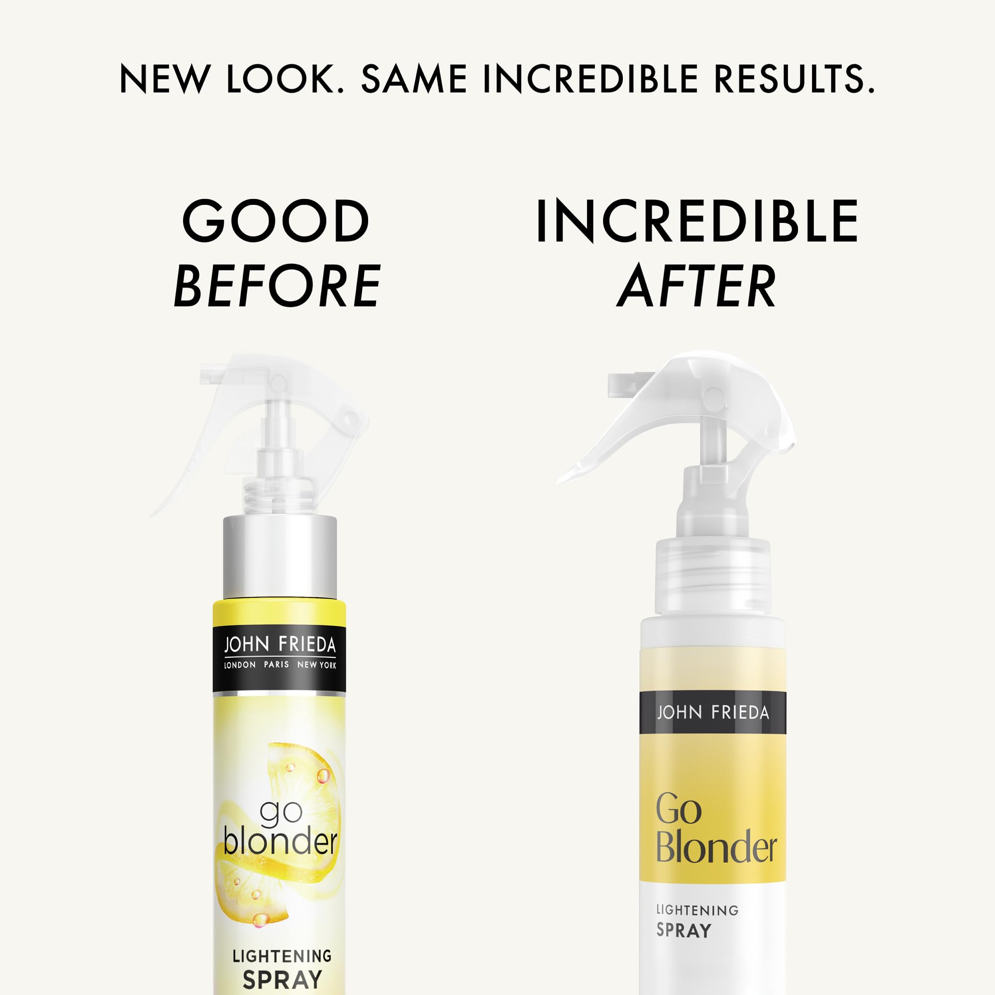John Frieda bottles beside a ruler showing compact pack-of-two size and portability benefit