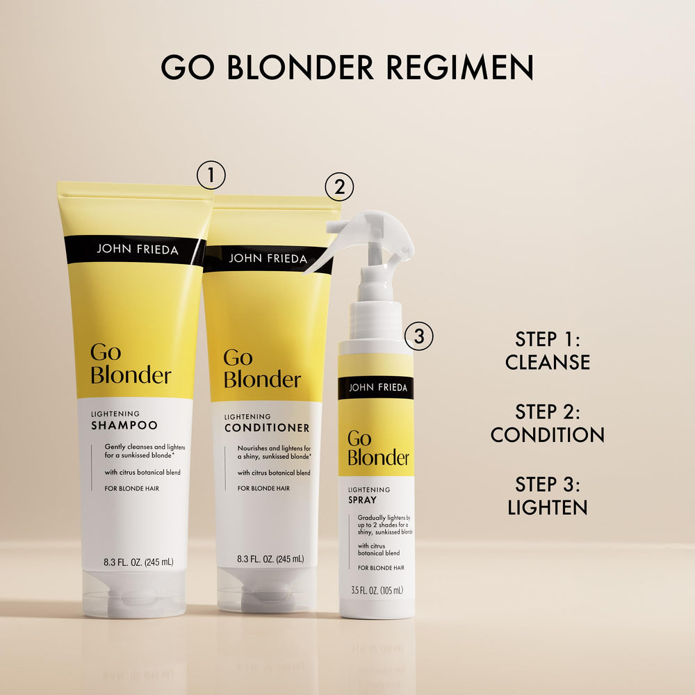 John Frieda displayed next to Go Blonder shampoo and conditioner for routine pairing