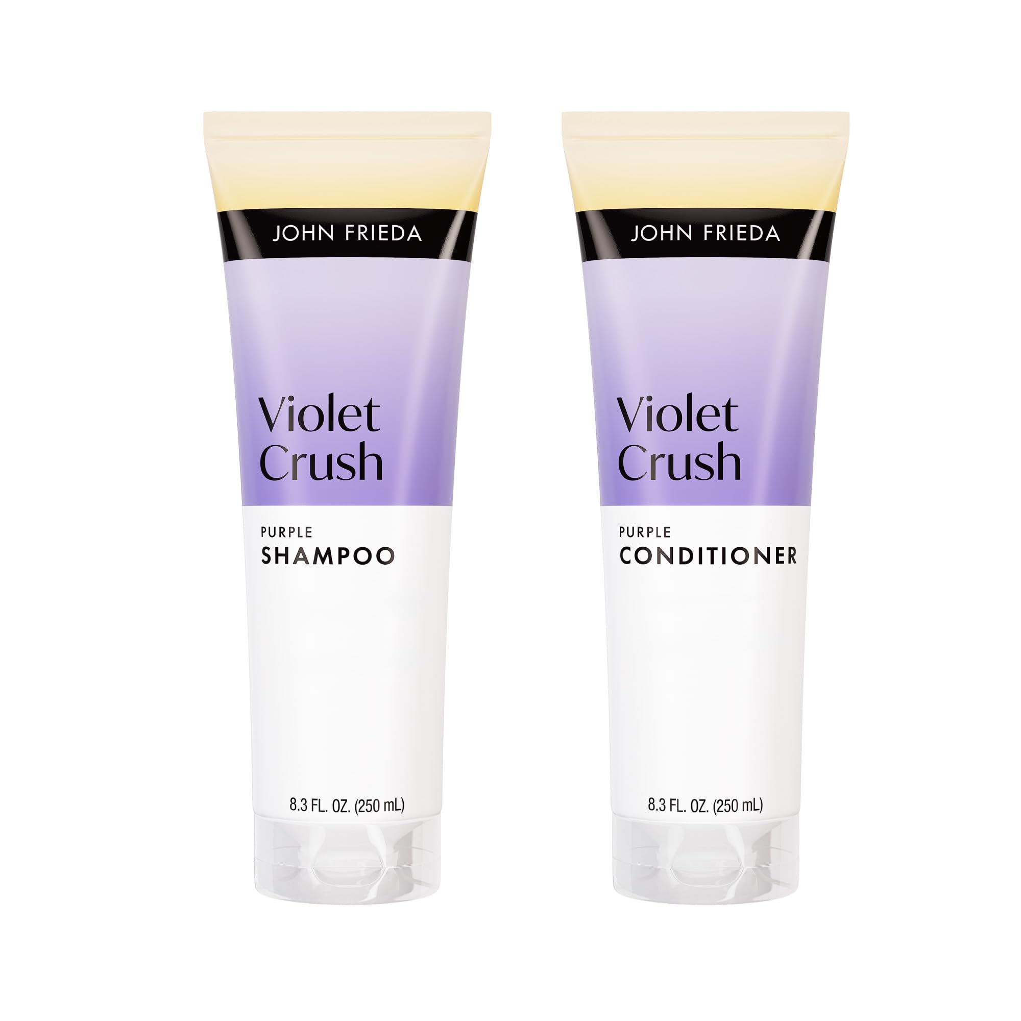 John Frieda front packaging showing violet shampoo and conditioner benefits