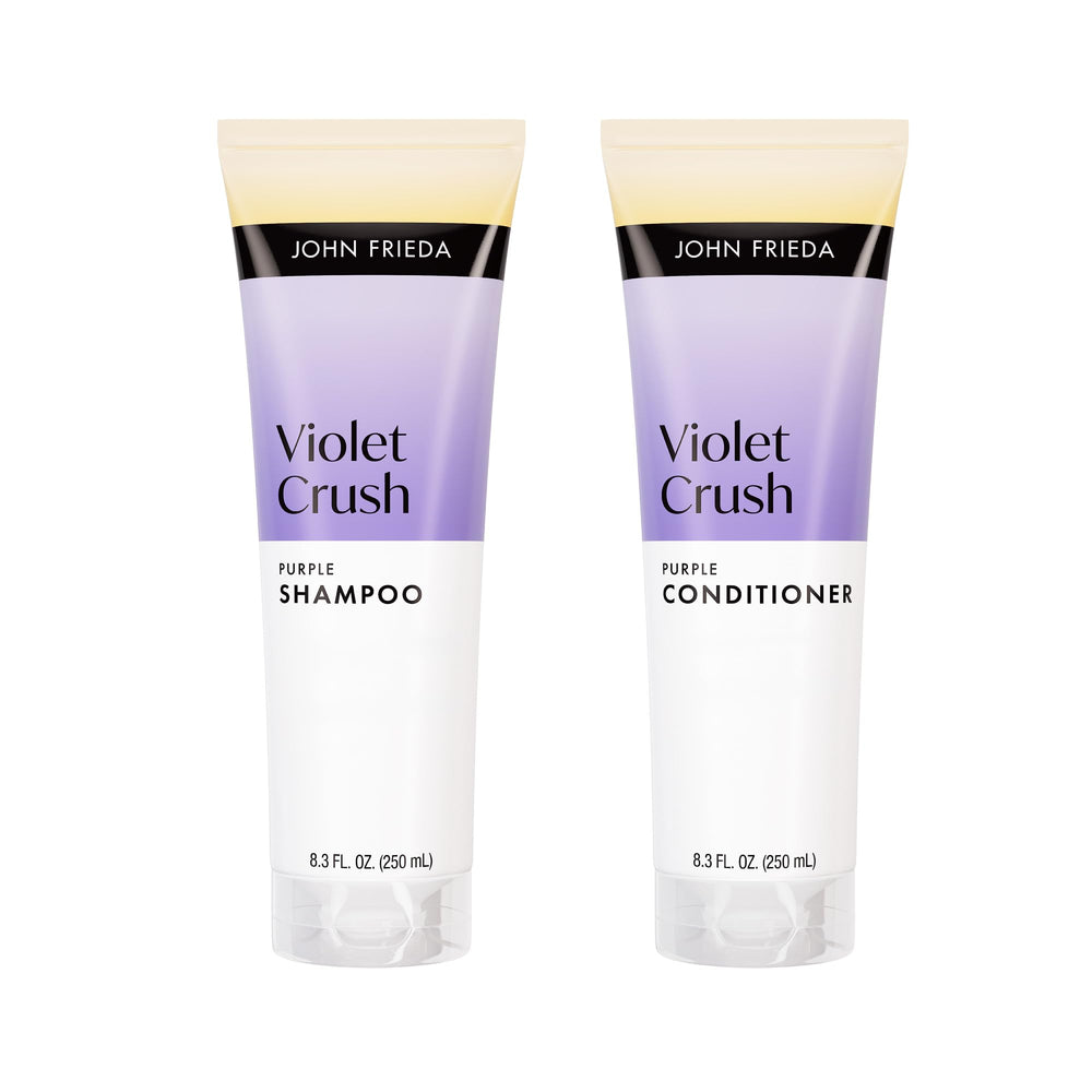 John Frieda front packaging showing violet shampoo and conditioner benefits