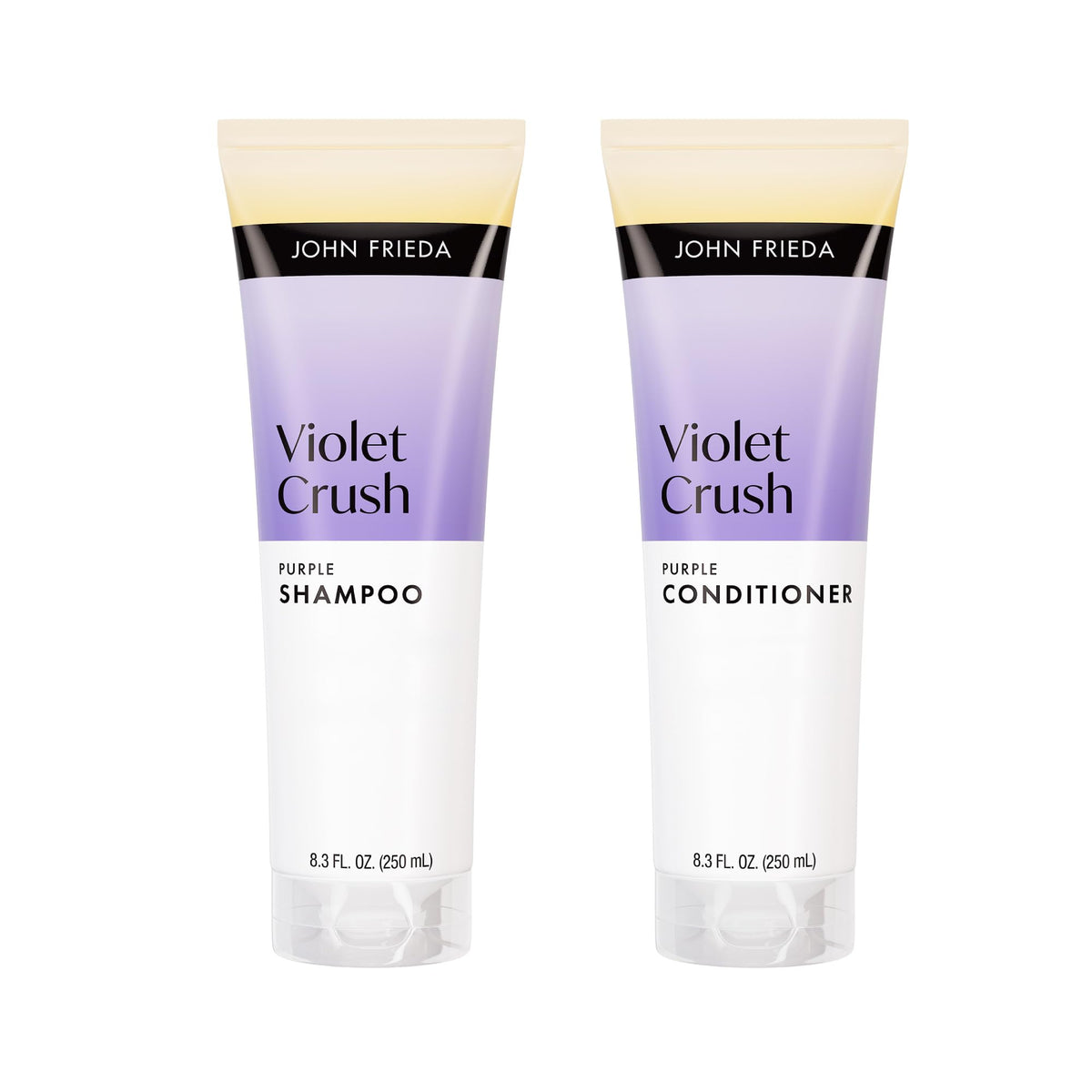 John Frieda front packaging showing violet shampoo and conditioner benefits