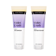 John Frieda front packaging showing violet shampoo and conditioner benefits