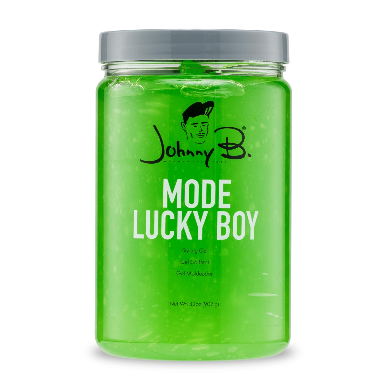 JOHNNY B. front jar shot showing green gel and 32 oz size benefit