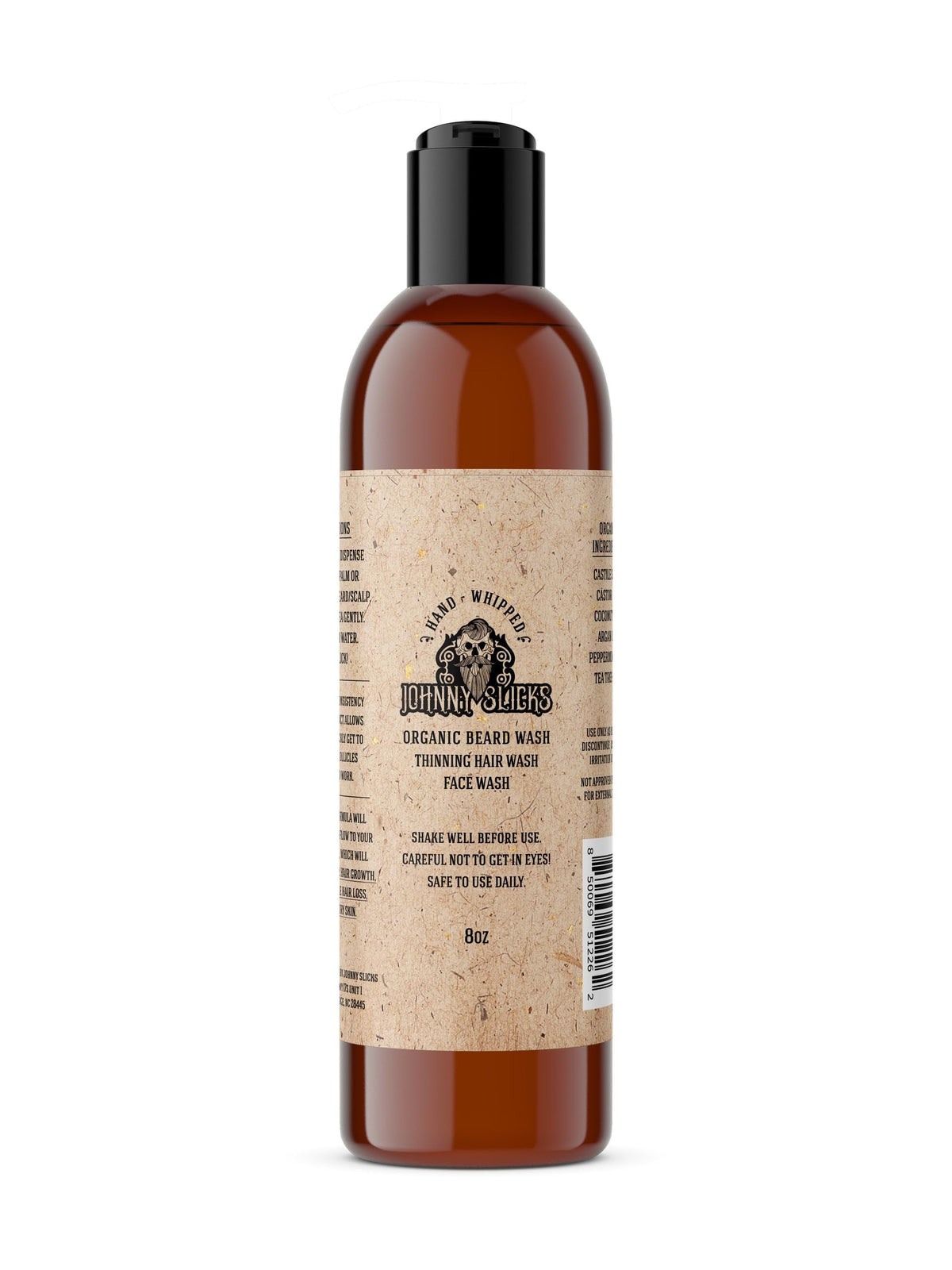 Johnny Slicks front packaging showing bottle and rugged scent benefit