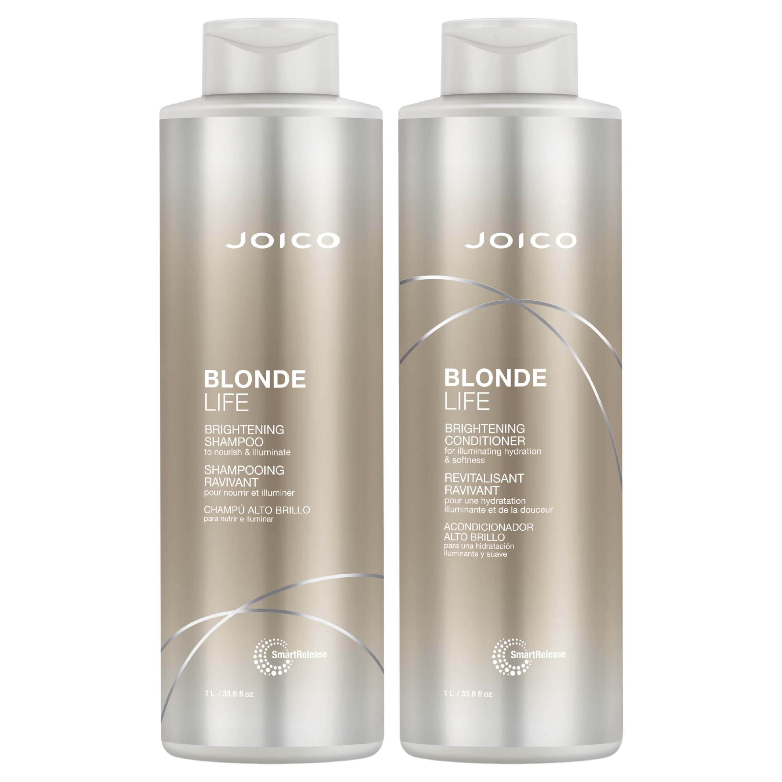 Joico front packaging showing 33.8 oz bottles and brightening duo benefit