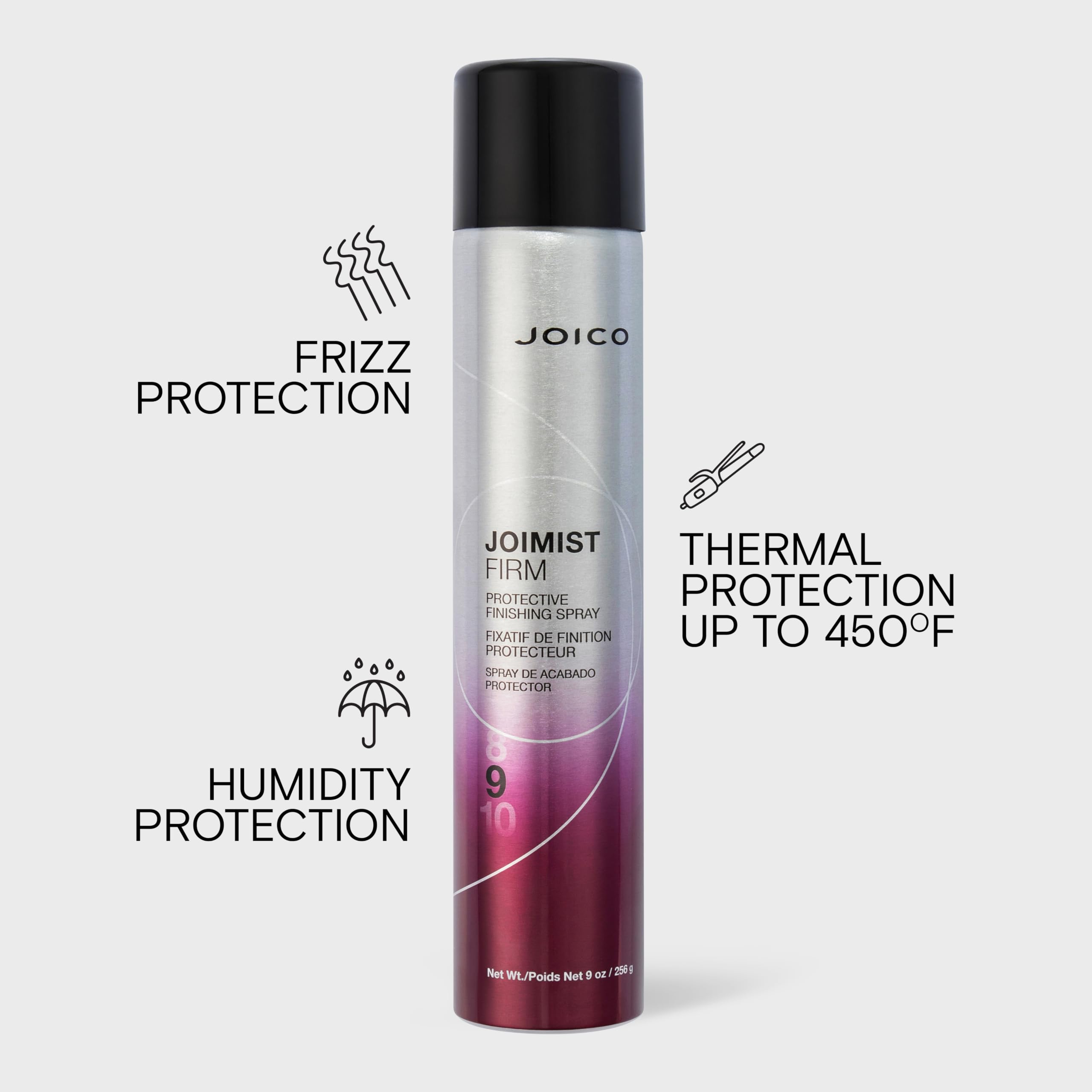 Hand holding Joico JoiMist Firm 9 fl oz to show scale and travel-friendly bottle advantage
