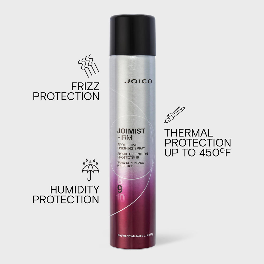 Hand holding Joico JoiMist Firm 9 fl oz to show scale and travel-friendly bottle advantage