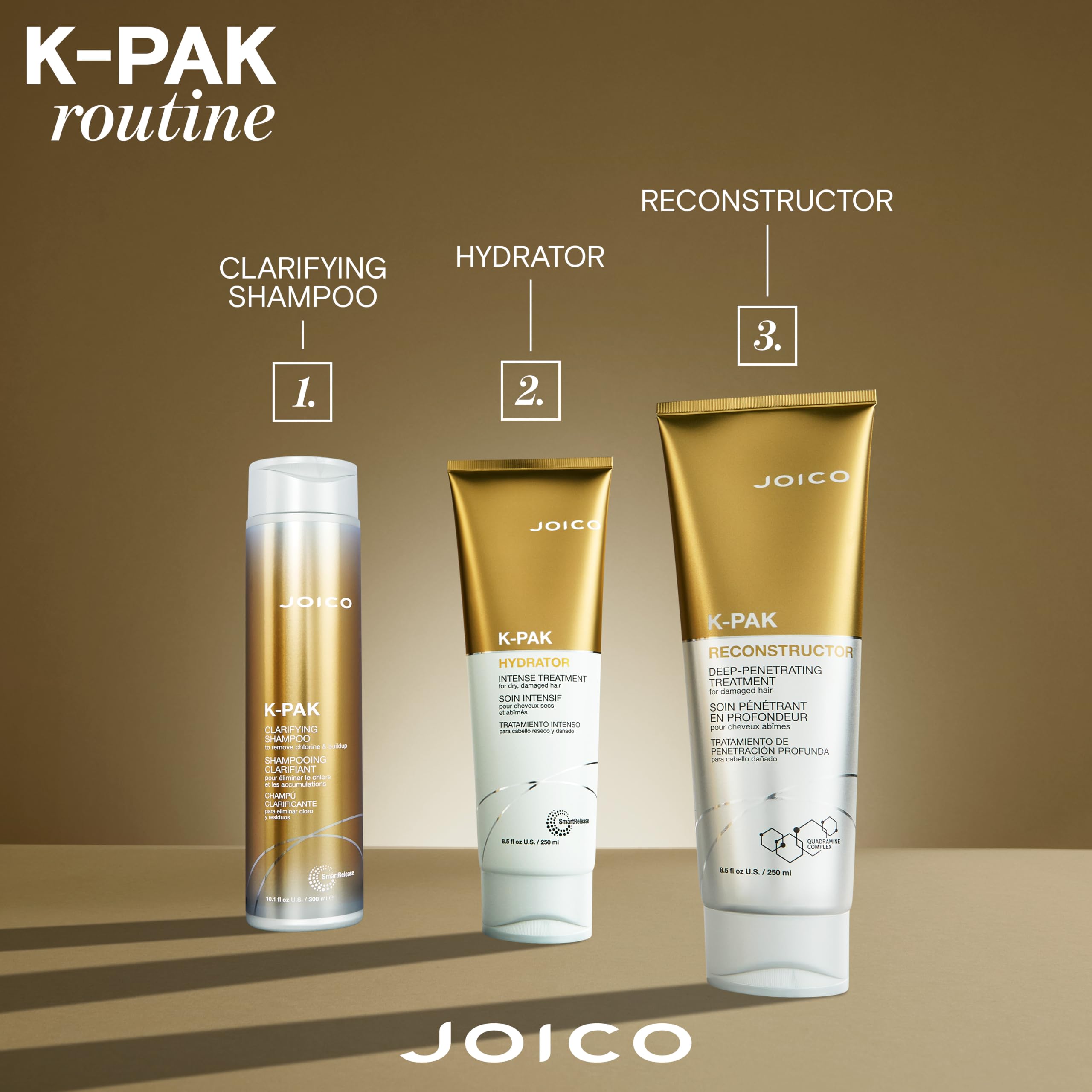 Joico K-PAK shampoo on a bathroom shelf in a lifestyle scene for daily routine convenience benefit