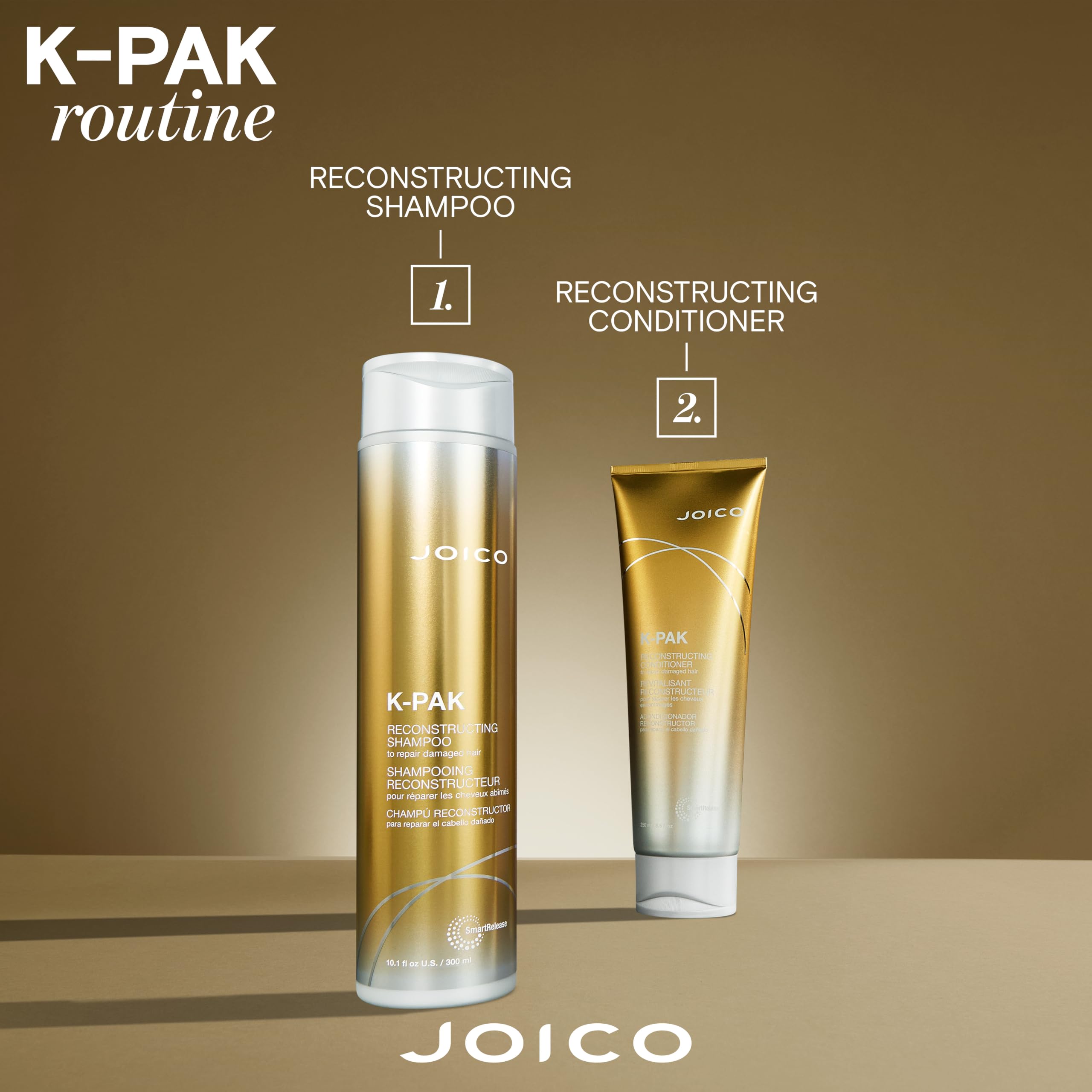 Bathroom shelf with Joico K-PAK showing salon-quality routine benefit
