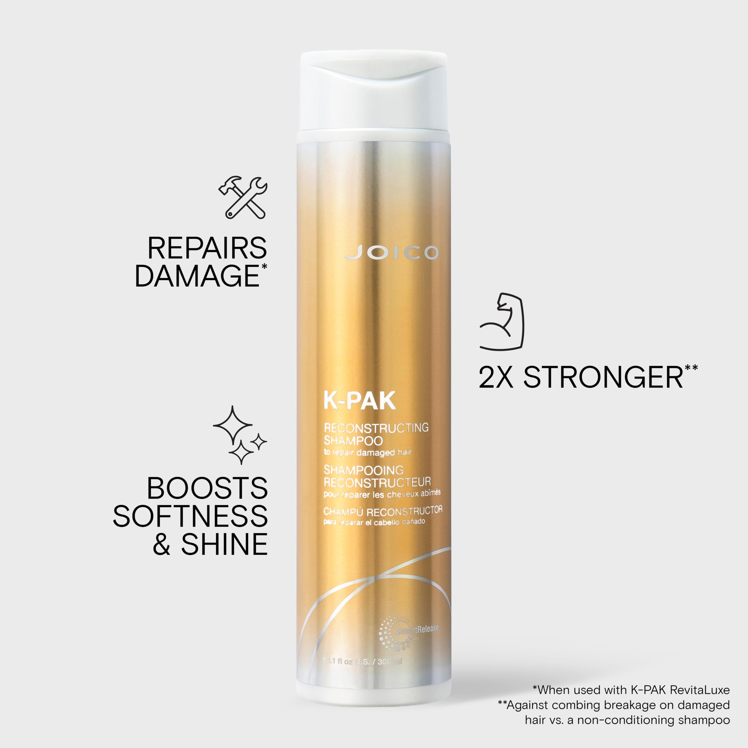 Hand dispensing Joico K-PAK shampoo emphasizing easy application benefit