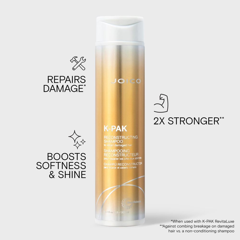 Hand dispensing Joico K-PAK shampoo emphasizing easy application benefit