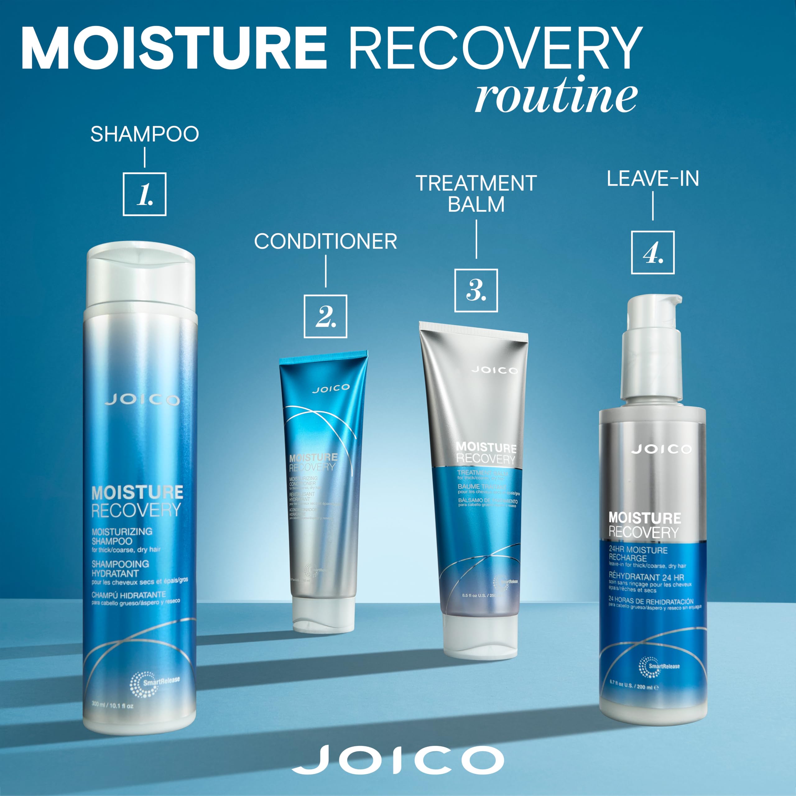 Joico conditioner on bathroom shelf in styled setting for salon-like results