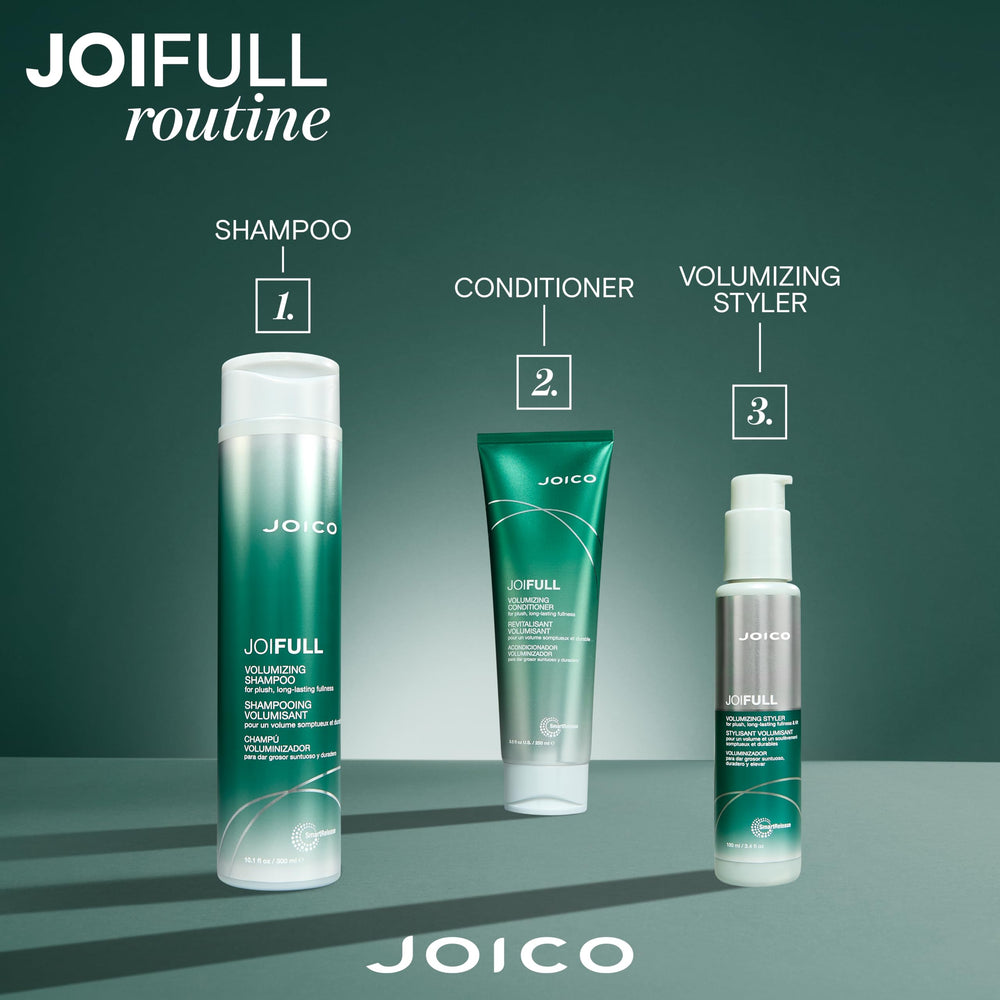 Joico shampoo used in salon-style blowout for voluminous hair